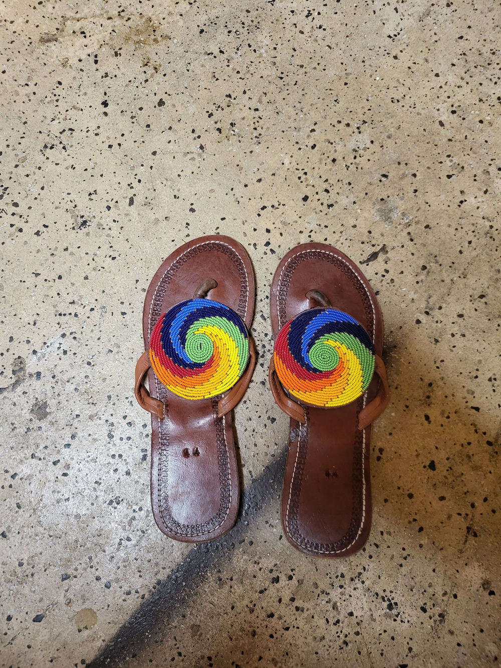 Women's Brown Leather Sandals with Rainbow Beaded Medallion